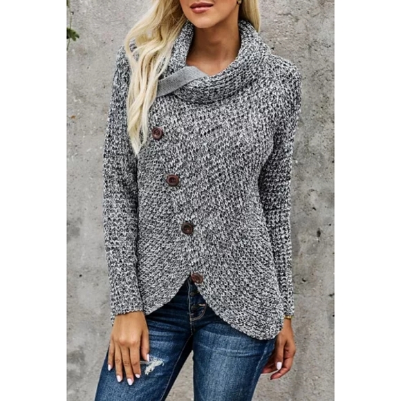 LAST ONE! Plus Size GRACELYN Gray Button Wrap Long Sleeve Sweater - Picture 6 of 6